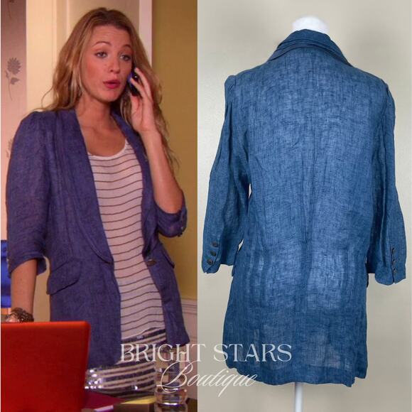 Rare Blue Linen Blazer Jacket ASO Serena Van Der Woodsen Gossip Girl Y2K - Picture 2 of 10